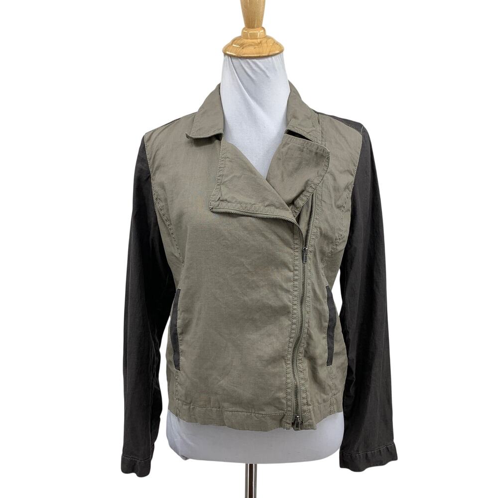 Eileen Fisher Jacket Womens PM Petite Coated Organic Linen Moto Zip Notch Collar
